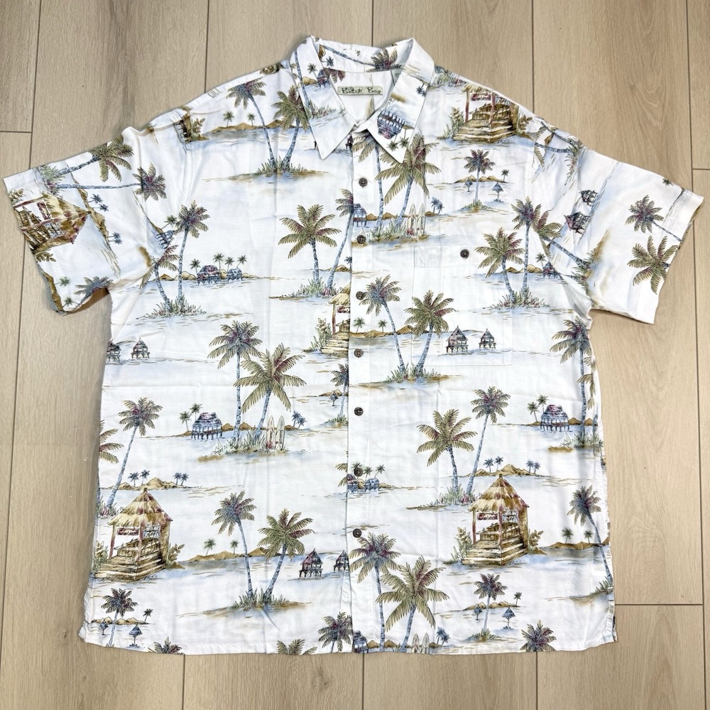 Batik‎ Bay Hawaiian Shirt 2XB White Palm Hut Island Print Rayon Aloha Vacation